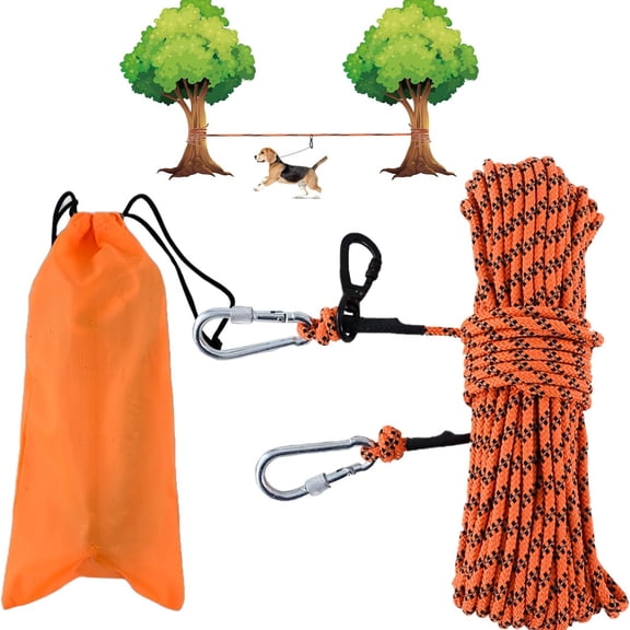 XIBUFE Dog Tie Out Cable for Camping, 50Ft/75Ft/100Ft Portable Overhead Trolley System for Dogs Up to 300Lbs, Camping Leash for Yard, Reflective Tie Out Cable for Camping, Park (Orange)