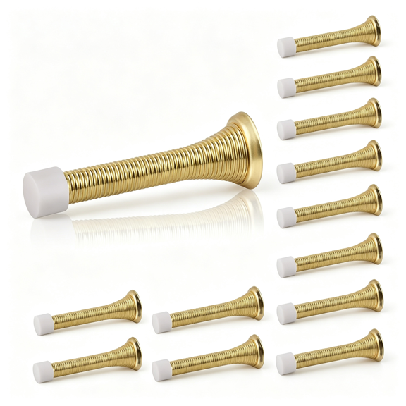 XIBUFE Door Stops 12 Pack Spring Door Stopper with Rubber Bumper 3-1/8" Flexible Spring Heavy Duty Wall Door Stop Low Mounted Door Bumper for Home (Bright Brass)