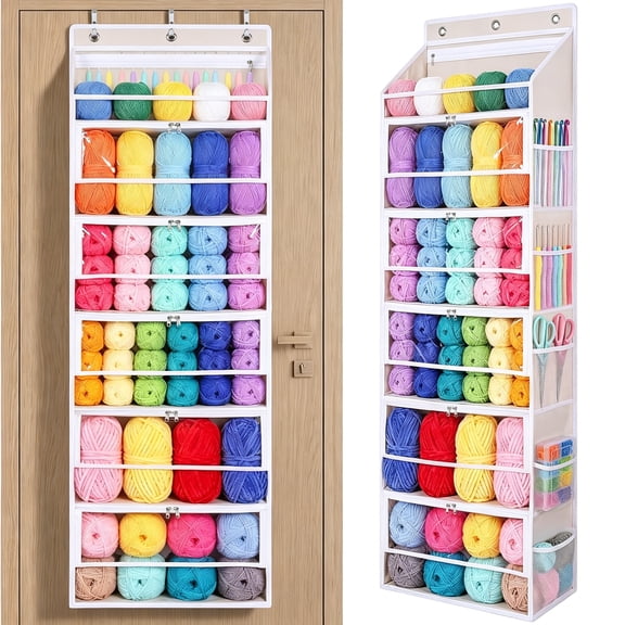 XIBUFE over the Door Yarn Storage Organizer, 6-Tier Large Capacity Yarn Organizer with Zippered Compartments & Mesh Pockets for Yarn, Needles and Crochet Hooks