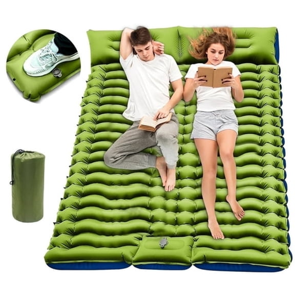 XIBUFE Double Camping Sleeping Pad - Self Inflating 4" Extra-Thick for 2 Person with Pillow Built-in Foot Pump Inflatable Sleeping Mat for Backpacking, Traveling, Portable Camping Mat