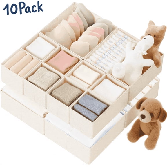 XIBUFE Drawer Organizer Clothes 10 Pack Foldable Fabric Storage Boxes,3 Sizes for Underwear,Socks,Bras,Closet Drawer Organizer Bins for Clothing Storage
