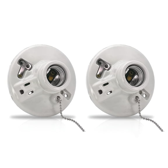 XIBUFE Dual Lampholder 125 Volt Porcelain Pull Chain Light Fixture,Lampholder with Outlet in White,Porcelain