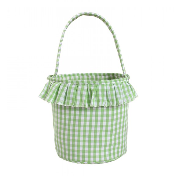 XIBUFE Easter Basket with Bunny Applique,9X8.6 Inches,Bunny Design,Easter Basket with Gingham Pattern,Foldable Handle,Easter Egg Hunting Bucket Pattern,Foldable Handle