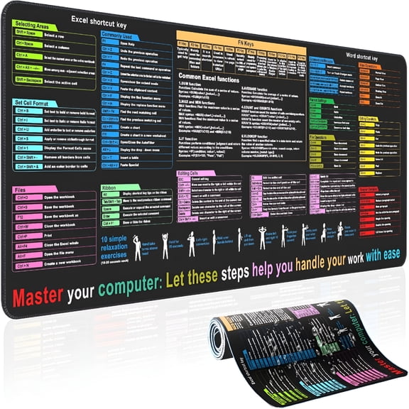XIBUFE Excel Cheat Sheet Desk PadContains 12 Types of Common Skills in Excel And Word|Large Xl Size31.5*11.8 Inch|Desk Mat for Keyboard And Mouse|Work,Study,Gaming Mouse Pad|Waterproof,Anti-Slip