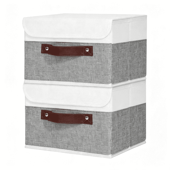 XIBUFE Fabric Storage Box Bins with Lids,Gray White,13"X9"X7.9",2Pcs Keepsake Memory Storage,Cotton Linen,Pp Board Reinforced,Washable,Pu Handles,Foldable&Stackable,Decorative,Medium