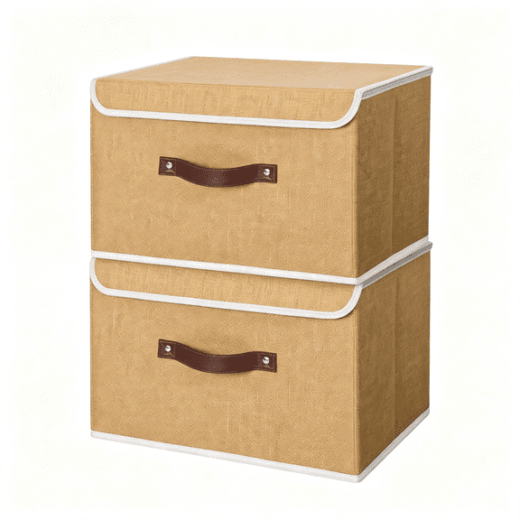 XIBUFE Fabric Storage Box Bins with Lids,Khaki,13"X9"X7.9",2Pcs Keepsake Memory Storage,Cotton Linen,Pp Board Reinforced,Washable,Pu Handles,Foldable&Stackable,Decorative,Medium