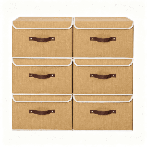 XIBUFE Fabric Storage Box Bins with Lids,Khaki,13"X9"X7.9",4 Pack Keepsake Memory Storage,Cotton Linen,Pp Board Reinforced,Washable,Pu Handles,Foldable&Stackable,Decorative,Medium