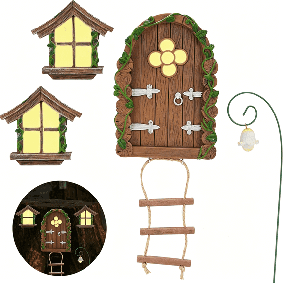 XIBUFE Fairy Door and Windows for Trees Outdoor,Glow in the Dark Fairy Doors Miniature Fairy Garden Accessories,Yard Art Sculpture Decoration Fairy Garden Decor with Lantern for Outside (Ladder)