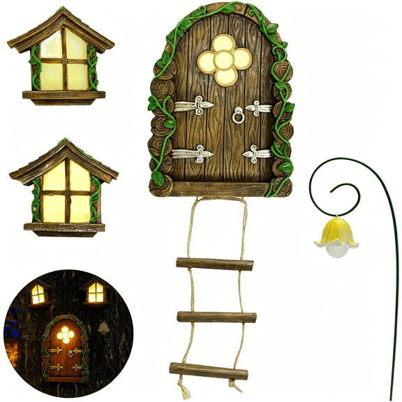 XIBUFE Fairy Door and Windows Garden Kit Accessories Outdoor,Glow in Dark Gnome House for Tree,Lawn Yard Art Sculpture,Miniature Garden Decor(Ladder)