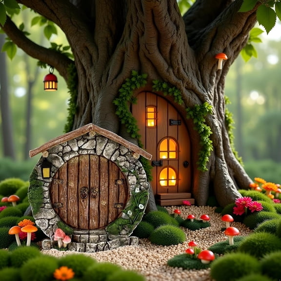 XIBUFE Fairy Garden Doors and Windows for Trees Miniature Fairy Gnome,Sculptures and Statues Wall and Trees Outdoor Wooden Doors and Windows in the Yard Garden Sculptures and Statues