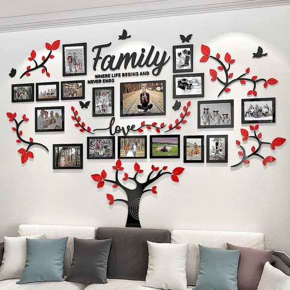 XIBUFE Family Tree Wall Decor - Picture Frames Collage 4X6 5X7 8X10 11X14 3D Diy-Acrylic Photo Frame for Living Room Family Tree Picture Frame Red 57 * 81In