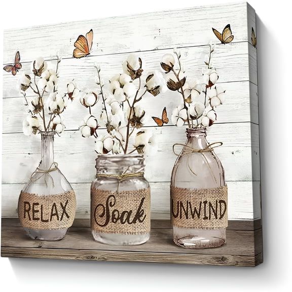 XIBUFE Farmhouse Bathroom Decor Wall Art Cotton Flower Picture Wall Decor Rustic Mason Jar Farmhouse Style Painting Framed Modern Artwork for Living Room Bathroom Office Home Decor 12X16 In