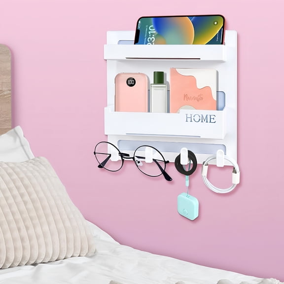 XIBUFE Floating Shelves for Bedside,Cute Room Decor Aesthetic,Wall Mount Self Stick On,Teen Room Decor,Cool Stuff for Bedroom & Livingroom Storage and Organization,White Finish (4 Hooks)