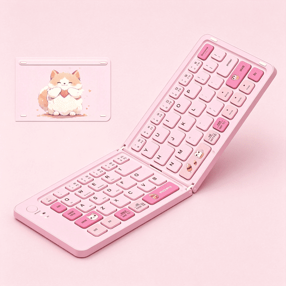 XIBUFE Foldable Bluetooth Keyboard for Ipad Phone,Portable Travel Size,Pink Rechargeable,67 Cute Quiet Keys,Cat Theme,Compact Mini Wireless Keyboard,For Iphone Tablet Android Mac Windows Pc Laptop