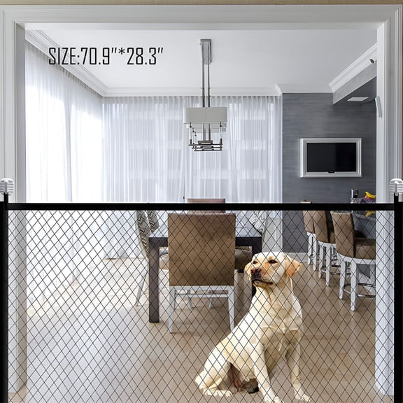 XIBUFE Folding Mesh Pet Gate for Dogs, Portable No Drill Dog Doorway Barrier with Sticky Hooks, 70.9 x 28.3 Inch Retractable Safety Screen for Hallways, Stairs, Indoor and Outdoor Use