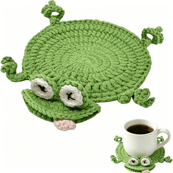 XIBUFE Funny Crochet Coasters, Cute 3D Animal Drink Coasters, HandCrocheted Table Protection for Desk Decor, Gift for Coffee & Animal Lovers (Frog)