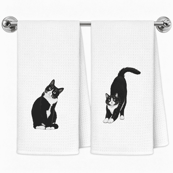 XIBUFE Funny Tuxedo Cat Kitchen Towels Set of 2, Cat Lover Mom Lady Gifts Hand Towels for Bathroom Kitchen, Black and White Kitty Kitten Decorative Dish Towels Drying Cloth, 16X24" Set of 2