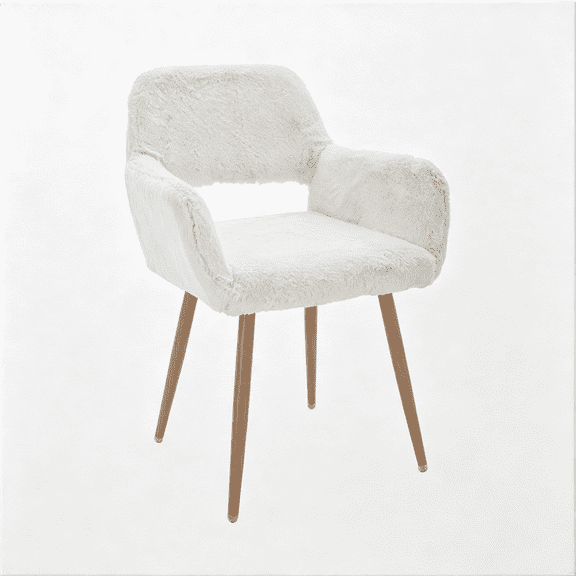 XIBUFE Furry Desk Chair, Mid-Century Modern Accent Comfy Armchair with Faux Fur for Teen Girls, Wood Look Metal Legs Living Dining Room, Home Vanity Makeup Office No Wheel, White.
