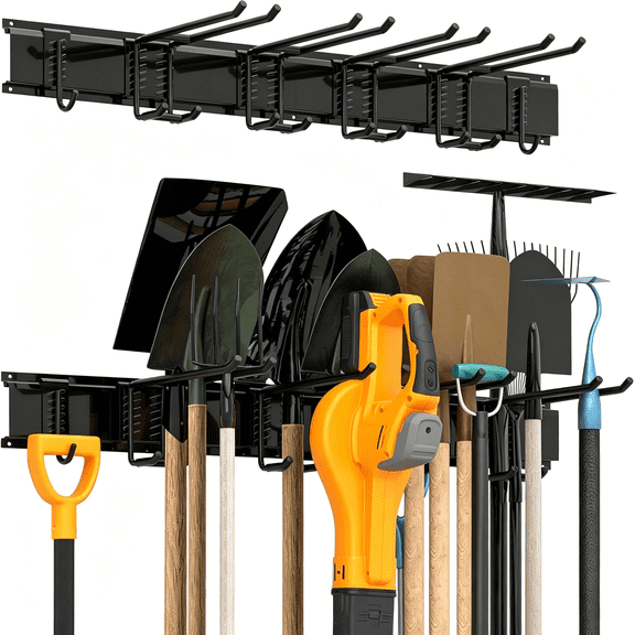 XIBUFE Garage Tool Storage Rack, Heavy Duty Garage Storage Organizer Rack System Wall Mounted Tool with 6 double hooks, 2 rails, Garden Yard Tools Hanger Rack for Ski Gears, Broom, Rake,Shovel