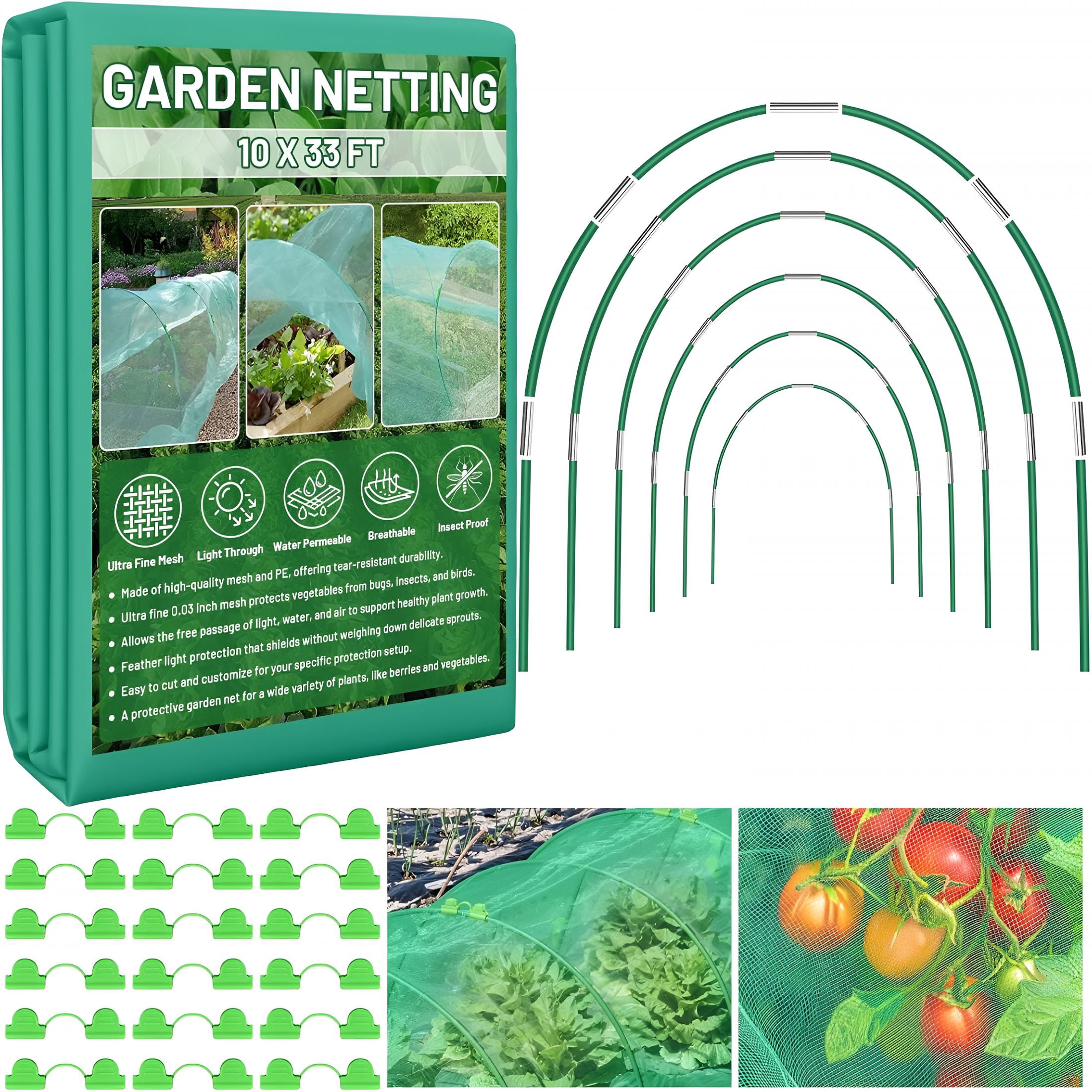 XIBUFE Garden Mesh Netting Kit for Raised Beds,10X33Ft Ultra Fine Mesh Netting&6 Sets 8Ft Fiberglass Garden Hoops,Insect Netting Row Cover,Pest Barrier Protection for Vegetable Fruits Flowers
