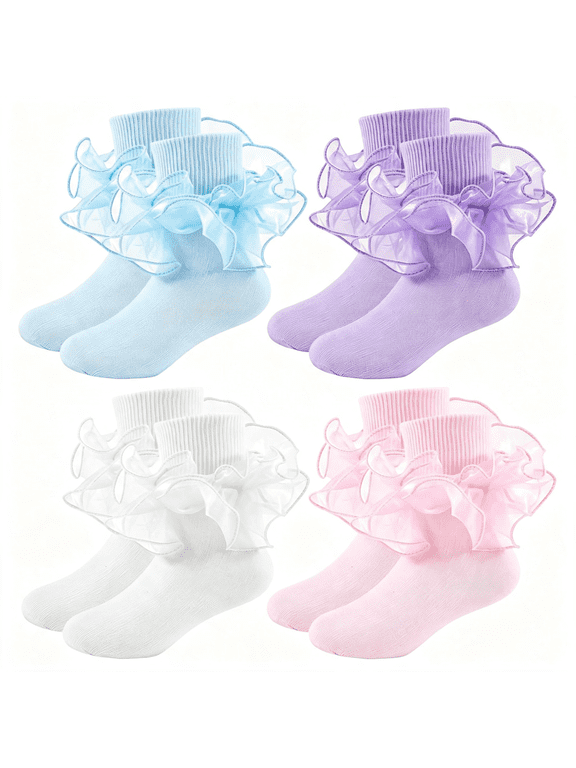 Girls Ruffle Socks 2-Layer Lace Frilly Turn Cuff Fancy Dress Socks | 2 Ways to Wear, Double Layer Ruffles, Rich Cotton Blend, Multi Colors Assorted Pack, Fit Girls Aged 4-12