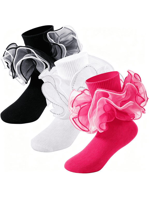 Girls Ruffle Socks Toddler 4-Layer Big Lace Frilly Dress Socks|3 Pairs Turn Cuff Tutu Socks Soft Cotton Fancy Pageant Princess Socks for Little Girl Easter Pageant Church School Outfit