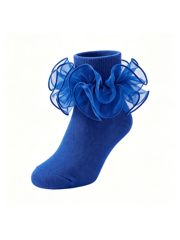Girls Socks Double Lace Frilly Ruffle Ripple Turn Cuff Royal Blue Ruffle Socks