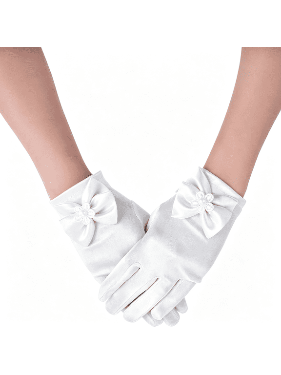 Girls White Gloves,Princess Dress Up First Communion Gloves for Girls,Satin Bow Glove for Tea Party,Wedding,First Communion,Formal Pageant Elegant Satin White Gloves Kids