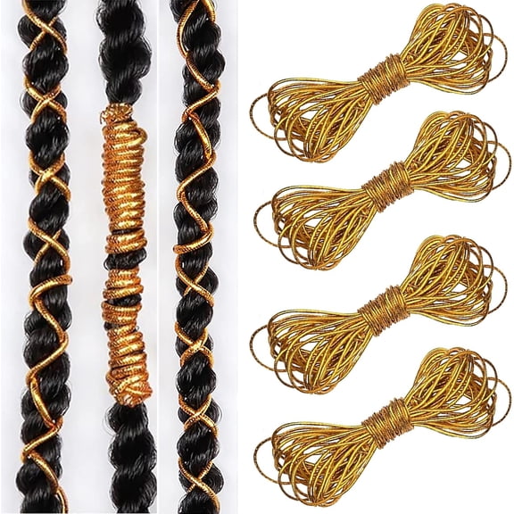 XIBUFE Gold Dreadlock Hair Jewelry 4 Pack 5M Metallic Braiding String Accessories|4 pack 5M metallic hair string for braids with shiny gold style for hair decoration crafts party styling