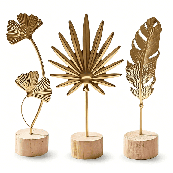 XIBUFE Gold Leaf Home Decor Set - Metal Leaves Statues,Modern Artistic Sculptures for Living Room,Office,Shelf & Home Decorative,Handmade 3D Botanical Accents (Sunshine,Feather,Ginkgo,3Pcs)