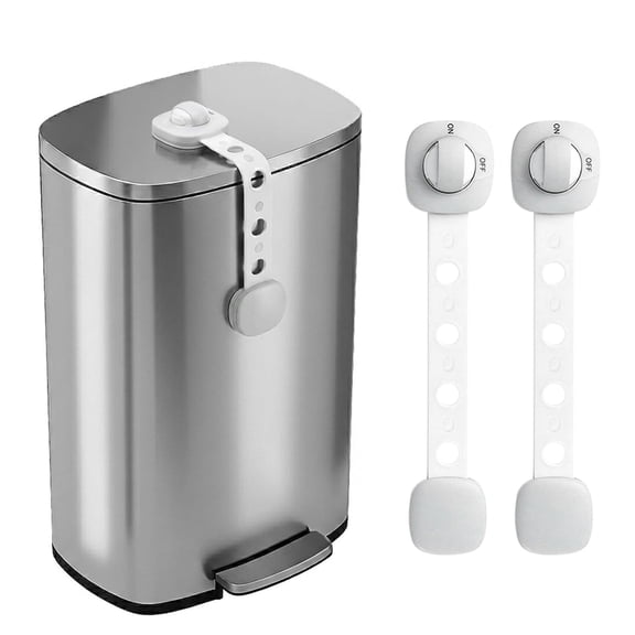 XIBUFE Gray Trash Can Lock Strap 2 Pack-Dual Button Child Proof Garbage Can Lid Lock for Kitchen&Bathroom-Strong Adhesive Dog Proof Trash Can Strap for Round Or Flat Bins-Manual-Lift Design