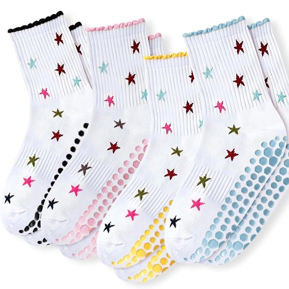 XIBUFE Grip Socks Pilates,4/6Prs Cotton Cute Pilates Socks for Women Yoga|Ruffle Grippy Sock for Barre Hospital Ballet Dance Athletic Workout 5-10in,Non Slip Crew Socks for Barefoot Home Slipper