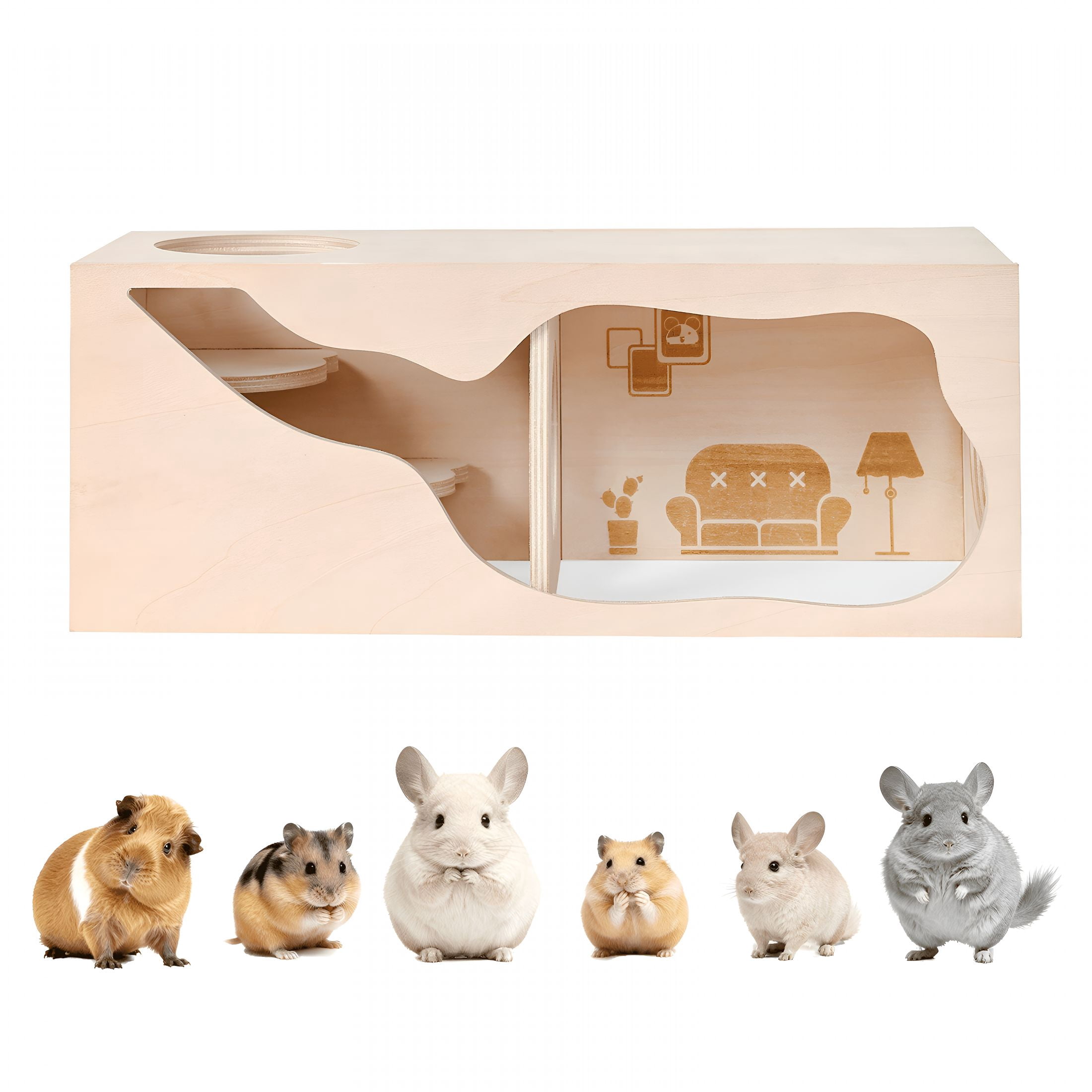 XIBUFE Guinea Pig Hideout Wooden House Chamber Small Animals Pets Tunnel Exploring Toys for Dwarf Hamsters, Syrian Hamsters, Gerbils, Hedgehogs, Rats, Mice, Chinchilla (Living Room)