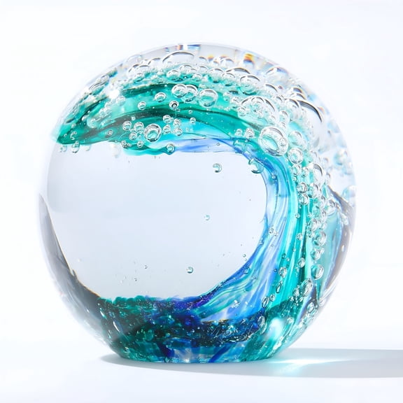 XIBUFE Hand Blown Glass Ocean Waves Crystal Ball, Collectible Figurine Sphere Paperweight, Nautical Decor for Aquarium Office Desk Home
