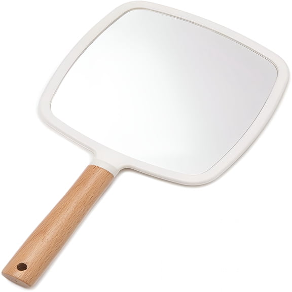 XIBUFE Hand Held Mirror with Wood Handle, Square Single-Sided Portable Vanity Mirror for Makeup and Shaving, Small Travel Mirror with Hanging Hole for Men, Women, and Kids