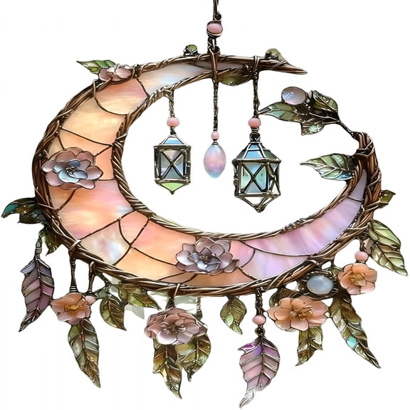 XIBUFE Hand Painted Moon and Floral Window Decor,Moon Suncatcher with Stained Art Design,Bohemian Home Accent for Bedroom Windows and Living Room Walls,11.8 Inch Decorative Hanging