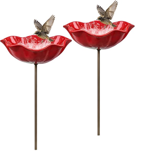 XIBUFE Handmade Metal Flower Garden Stake Bird Bath,Hummingbird Feeder,Bee & Butterfly Puddler,Mini Pollinator Watering Station for Garden Patio Lawn Yard Decor (Red,2PCS)