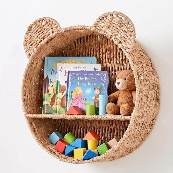 XIBUFE Handwoven Bear Wall Basket for Kids Room,Boho Hanging Shelf for Stuffed Animals,Paper Rope Floating Storage for Kids Room Baby Nursery