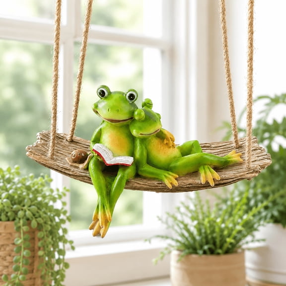 XIBUFE Hanging Frog Garden Decor, Resin Frog Couple Swing Figurine, Cute Outdoor Yard Ornament for Patio, Porch, Balcony, Tree and Garden Gift