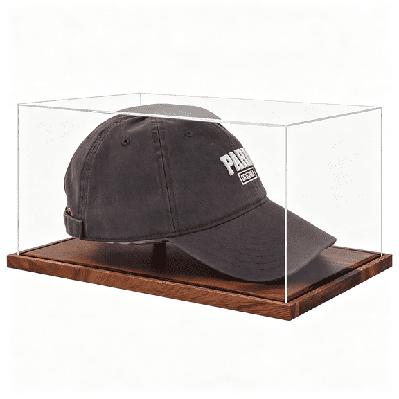XIBUFE Hat Display Case,No Assembly Required Clear Acrylic Baseball Cap Stand,Uv Protection Signed Hat Transparent Showcase,Cap Display Box with Solid Wood Base Risers&Hat Shaper