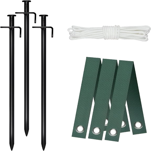 XIBUFE Heavy Duty Steel Tree Stake Kits,Tree Staking and Supports Kits for Young Trees Against Bad Weather,Include 3 Pcs Tree Straps for Staking,3 Pcs 11.8 Inch Tree Stakes and 31.2 Feet Rope