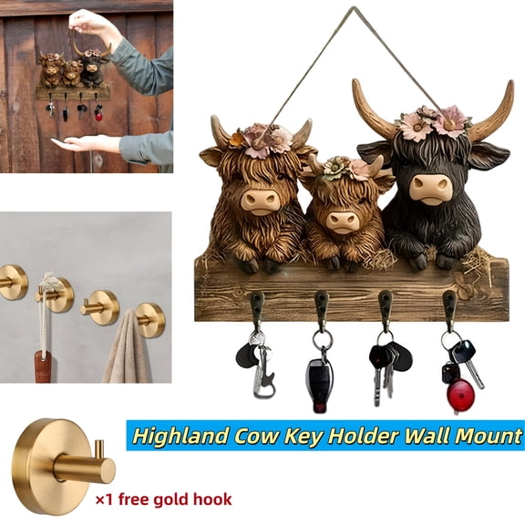 XIBUFE Highland Cow Key Holder Wall Mount with 1 Free Adhesive Gold Hook Personalized Bullhead Animal Wooden Towel Key Hooks,Decorative Coat Rack for Entryway Hallway Bathroom