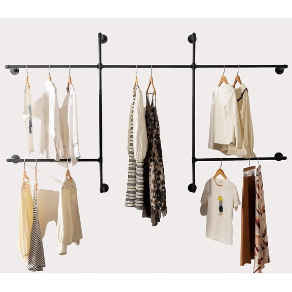 XIBUFE Industrial Pipe Clothes Rack Wall Mounted Clothing Rack,Heavy Duty Iron Pipe Garment Rods,Detachable Multi-Purpose Clothing Hanging Rod/Garment Bar, Black