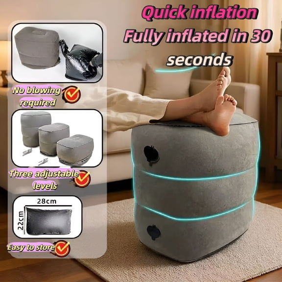 XIBUFE Inflatable Foot Rest Pillow for Travel,Kids Airplane Bed,Adjustable 3 Layers Height Leg Pillow of Air Travel Essentials,Car,Office,Home-Fast Inflation (Grey)