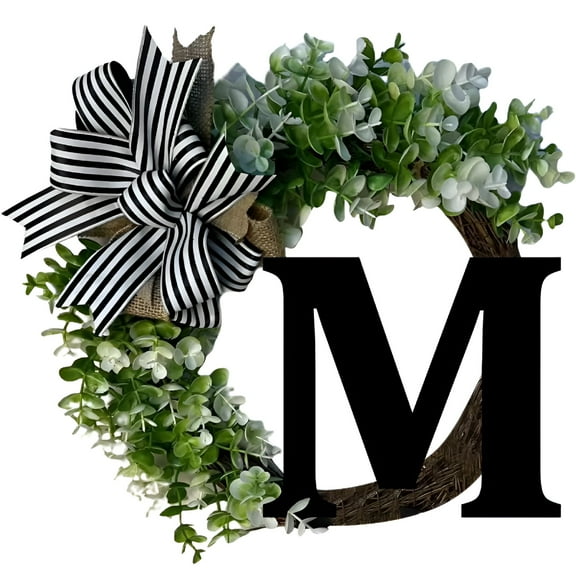 XIBUFE Initial Front Door Wreath 12 Inch - Personalized Letter Wreath with Striped Linen Bow - Farmhouse Rustic Monogram Door Decor for Entryway - Housewarming Wedding Gift (M)