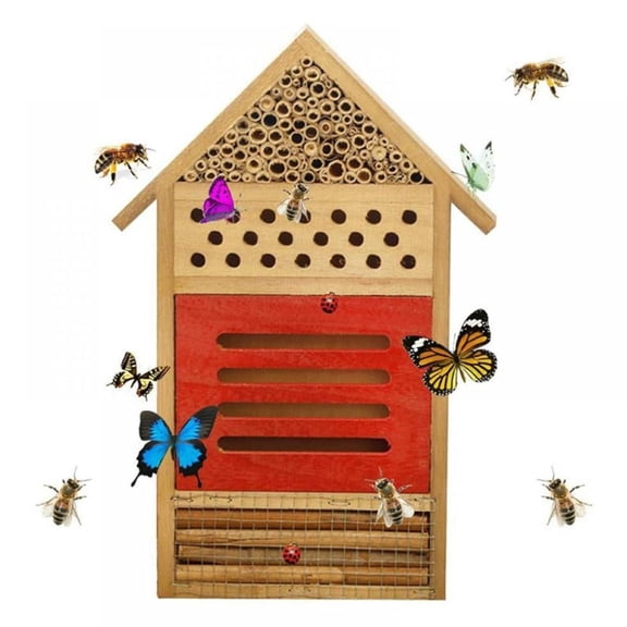 XIBUFE Insect House Natural Wooden Bee Hotel Butterfly Habitat for Gardens Ladybugs, Lacewings, Butterfly, Mason Bees, Leaf Cutter & Many Other Beneficial Insects Butterfly House