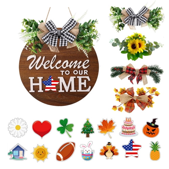 XIBUFE Interchangeable Welcome Sign for Front Door with 4 Seasonal Wreaths and 14 Changeable Icons,Farmhouse Front Door Signs,Door Decoration Porch Decor,Seasonal Wooden Home Sign Home Dcor