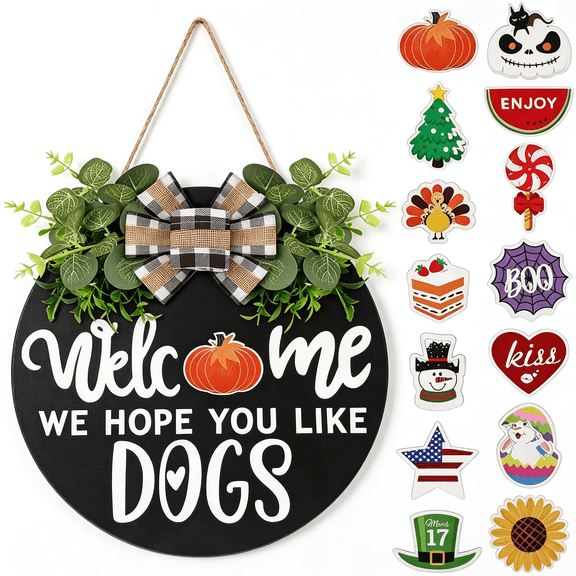 XIBUFE Interchangeable Wooden Seasonal Welcome Sign, Rustic Round Dogs Sign Front Door Wreaths for Home/Wall/Porch Decor, for Easter Spring Summer Fall Halloween Christmas All Season Decorations