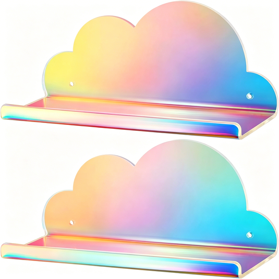 XIBUFE Iridescent Acrylic Floating Shelves, 2 Pack Cloud Shelves - Large Floating Shelf for Wall, Wall Mountable and Multi-Functional for Home Dcor, Bathroom, Kitchen, Bedroom (Large, 2 Pack)