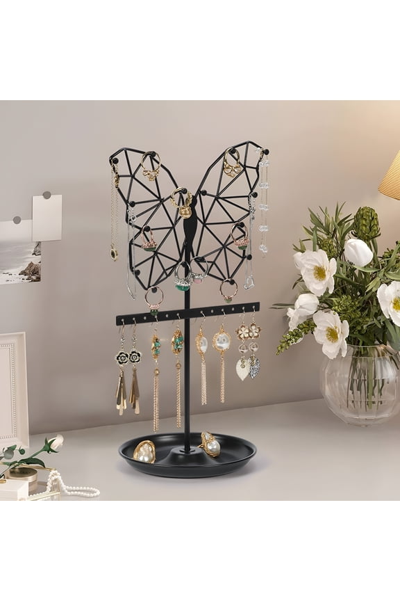 Jewelry Display Rack Metal Organizer Stand | Hanging Earring Necklace Bracelet Holder | Vertical Storage Tree - Black Gold | Butterfly Cloud Heart Designs | 14X35Cm | for Vanity Dresser